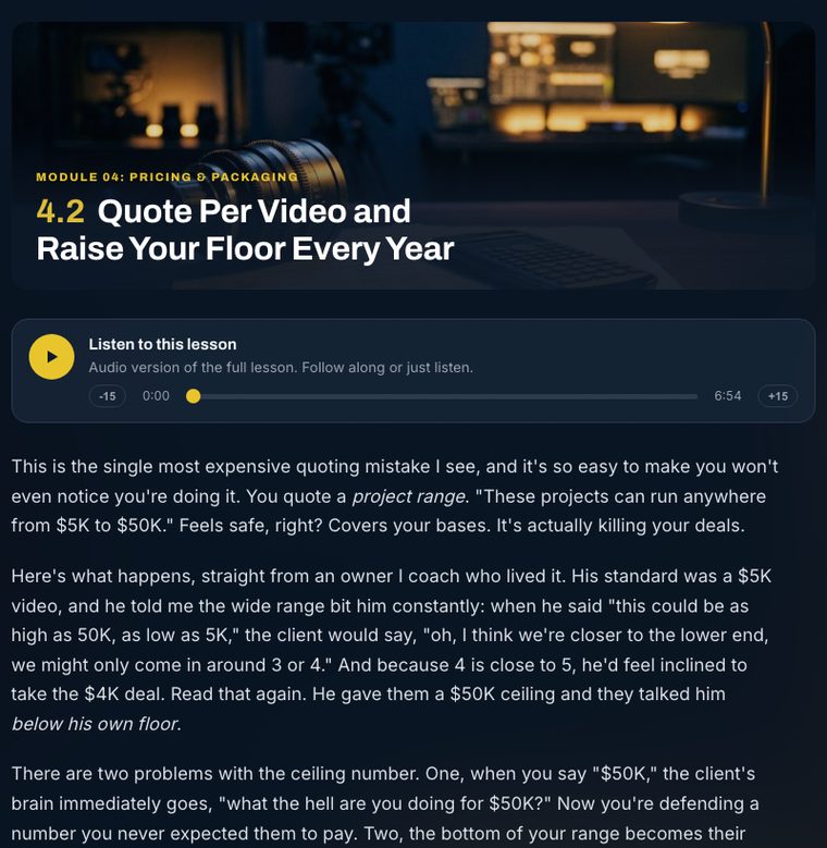 A lesson page with the audio player